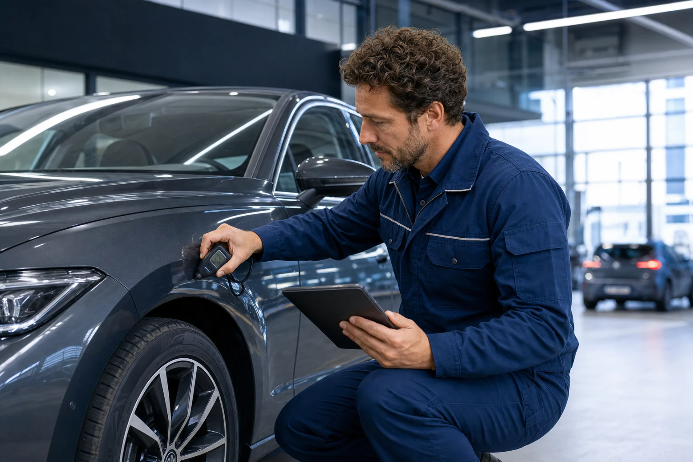 En certifierad CarAudit-tekniker under en bilinspektion